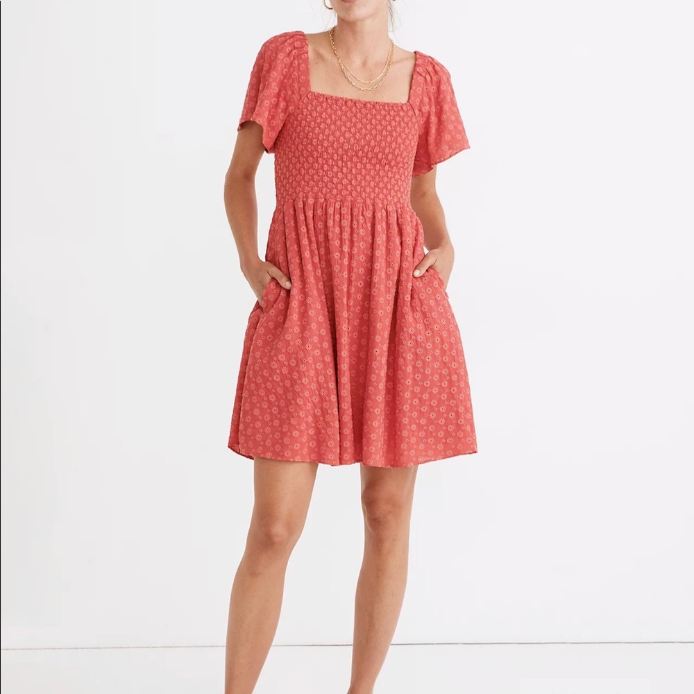 Madewell Eyelet Lucie Smocked Mini Dress, XXS—out of stock at Madewell